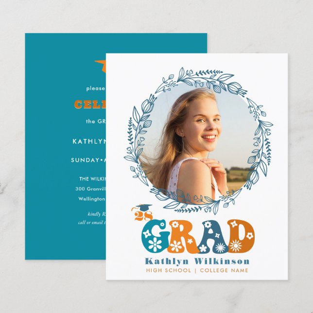 Papier BUDGET Rétro Floral Wreath Graduation Invitation (Devant / Derrière)