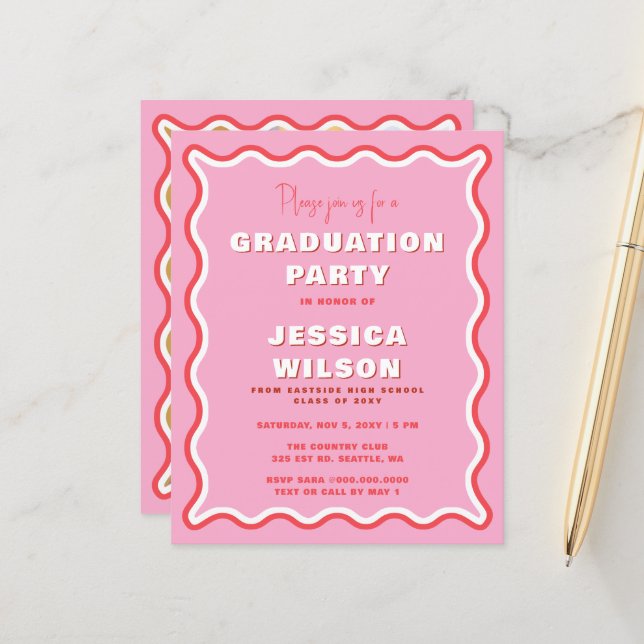 Papier Budget Retro rose rouge photo Invitation de gradua (Devant/Arrière en situation)