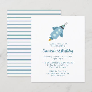 Papier Budget Rocket Ship Blue 1er Anniversaire Invitatio