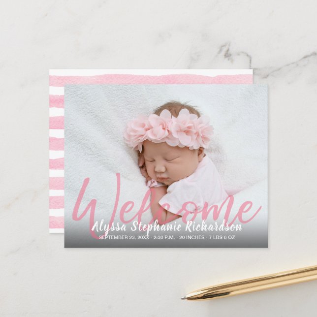 Papier Budget Rose Bienvenue 1 Photo Faire-part bébé (Devant/Arrière en situation)