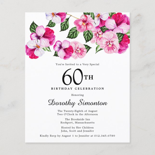 Papier Budget rose blanc floral 60e anniversaire Invitati (Devant)