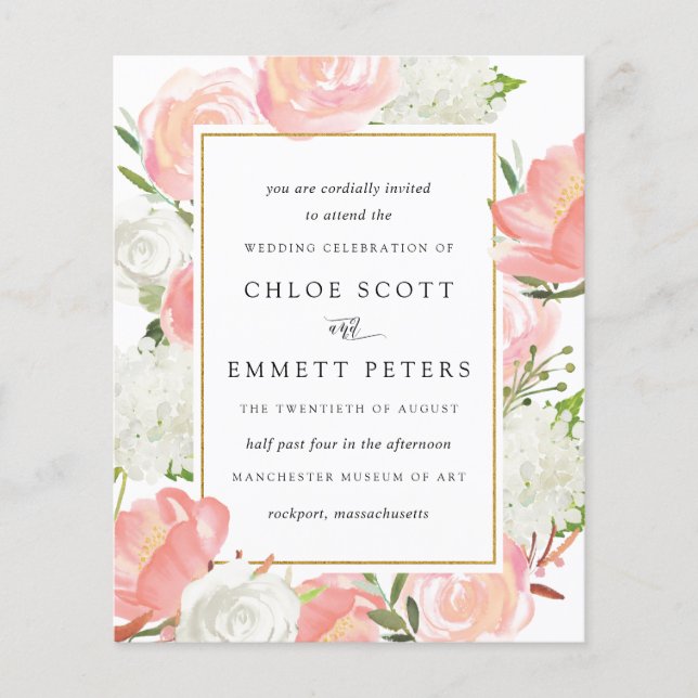 Papier Budget rose blanc Floral Russe Faire-part de maria (Devant)