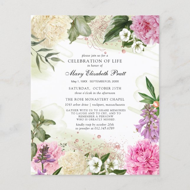 Papier Budget Rose Blanc Violet Floral Invitation (Devant)