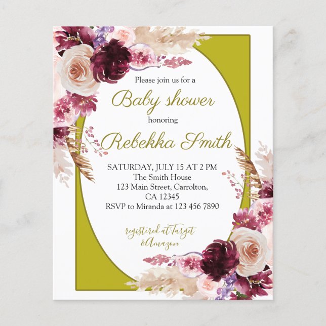 Papier Budget Rose et Bourgogne Baby shower Invitation (Devant)