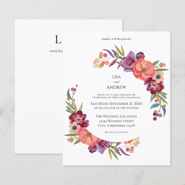 Papier Budget rose et prune Tropical Floral V3 Mariage (Devant / Derrière)