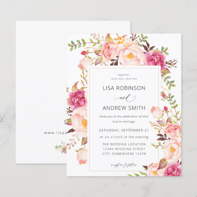 Papier Budget Rose Fleurie Teintée Florale Mariage V3 (Devant / Derrière)