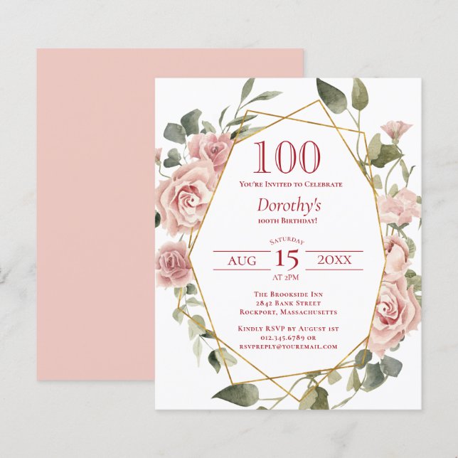 Papier Budget rose floral 100e anniversaire Invitation (Devant / Derrière)