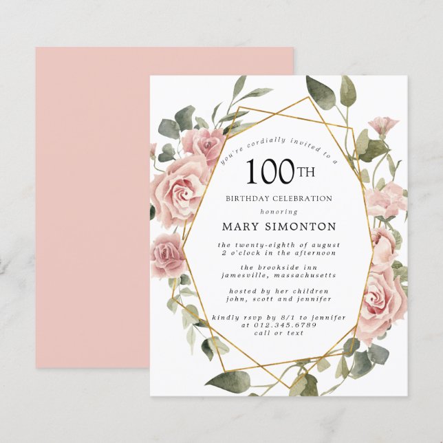 Papier Budget rose floral 100e anniversaire Invitation (Devant / Derrière)