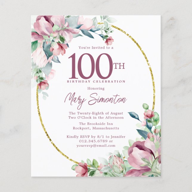 Papier Budget rose floral 100e anniversaire Invitation (Devant)