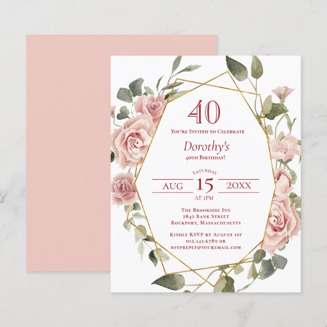 Papier Budget rose floral 40e anniversaire Invitation (Devant / Derrière)