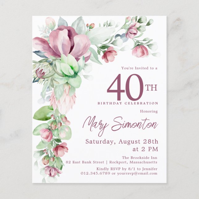 Papier Budget rose floral 40e anniversaire Invitation (Devant)