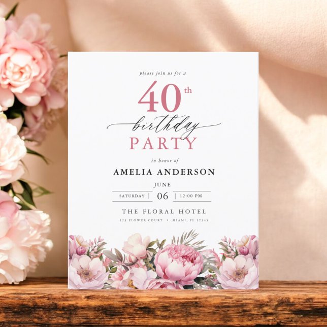 Papier Budget rose floral 40e anniversaire Invitation (Créateur téléchargé)