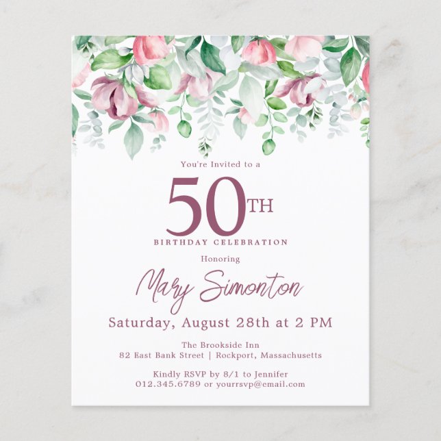 Papier Budget rose floral 50e anniversaire Invitation (Devant)