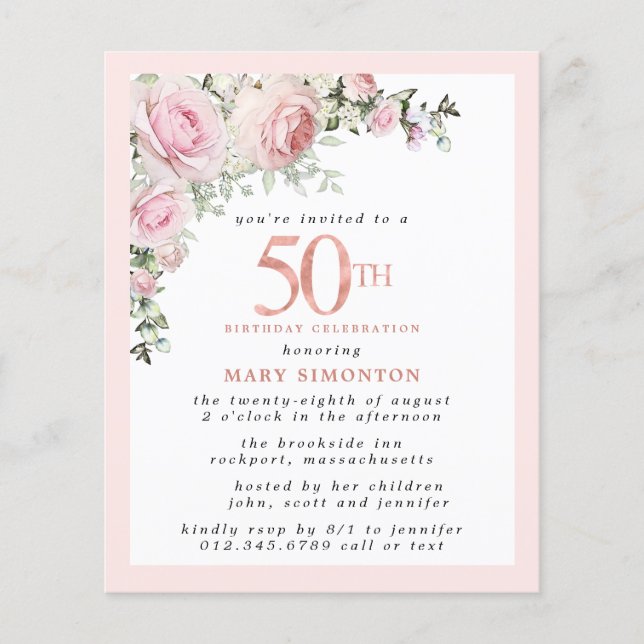 Papier Budget rose floral 50e anniversaire Invitation (Devant)