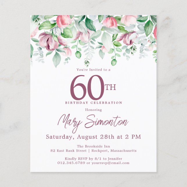 Papier Budget rose floral 60e anniversaire Invitation (Devant)