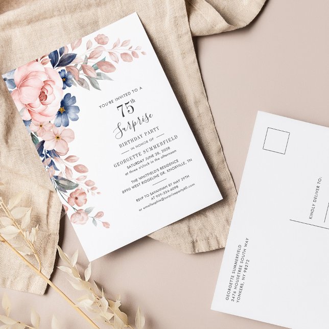 Papier Budget Rose Floral 75e anniversaire Invitation (Pink Floral Watercolor 75th Birthday Party Invitation Postcard)