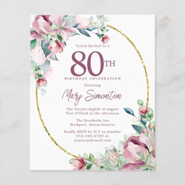 Papier Budget rose floral 80e anniversaire Invitation (Devant)