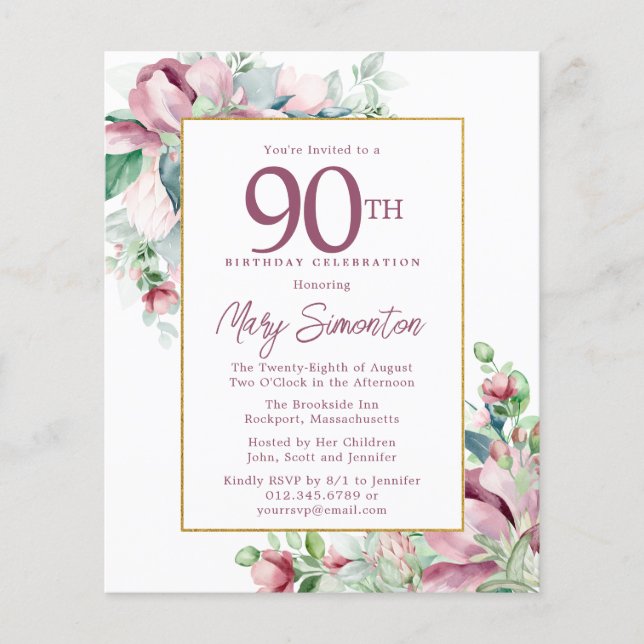 Papier Budget rose floral 90e anniversaire Invitation (Devant)