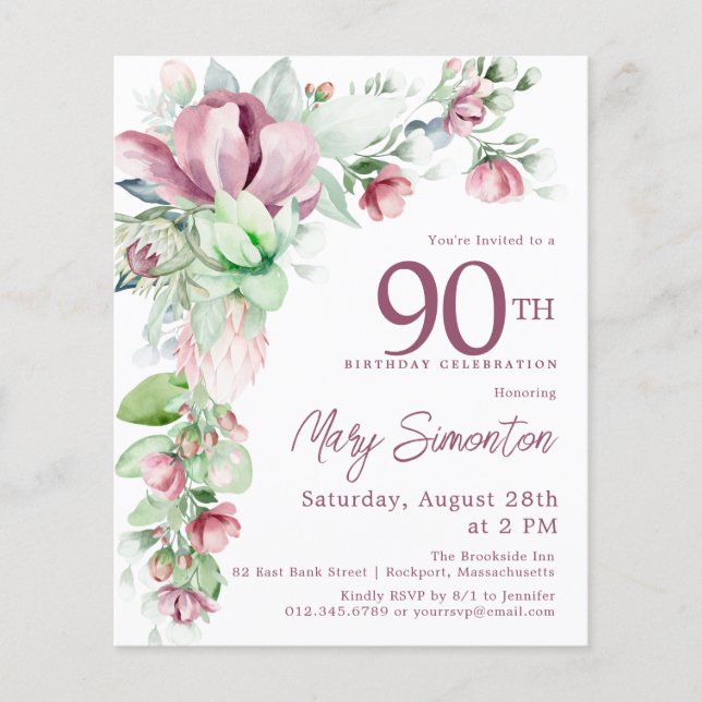Papier Budget rose floral 90e anniversaire Invitation (Devant)