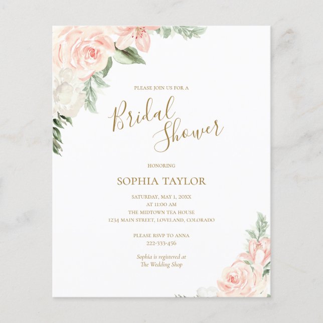 Papier Budget Rose Floral Budget Nuptiale Douche Invitati (Devant)