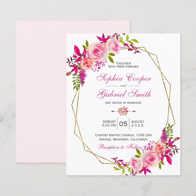 Papier Budget rose floral | Faire-part de mariage Gold Fr (Devant / Derrière)