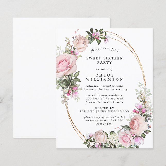 Papier Budget Rose Floral Sweet 16 Party Invitation (Devant / Derrière)