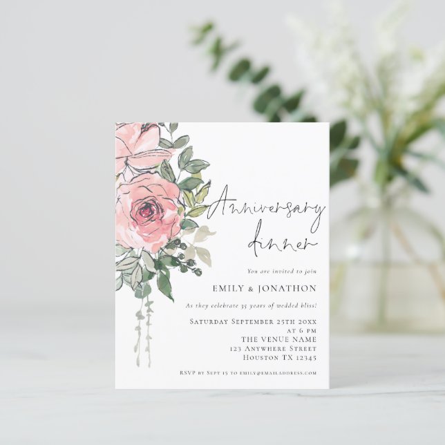 Papier Budget Rose Florals Anniversaire Dîner Invitation (Debout devant)
