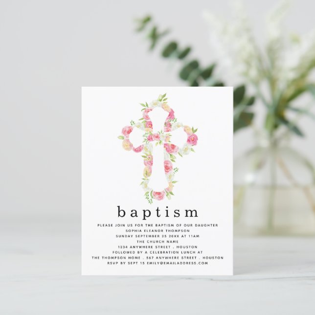 Papier Budget Rose Florals Cross Baptism Invitation (Debout devant)