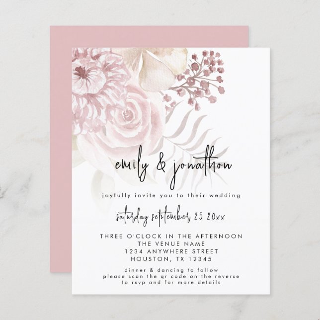 Papier Budget Rose Florals Script QR Code Mariage Invitat (Devant / Derrière)