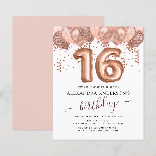 Papier Budget Rose Gold Ballons Sweet 16 Anniversaire (Devant / Derrière)