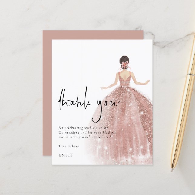 Papier Budget Rose Gold Gown Brown Quinceañera Merci (Devant/Arrière en situation)
