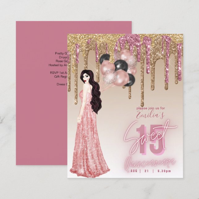 Papier Budget Rose Gold Paillettes Brunette Quinceanera (Devant / Derrière)