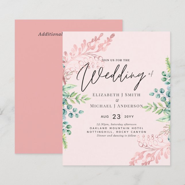 Papier BUDGET Rose Gold Sage Eucalyptus Invitations de ve (Devant / Derrière)