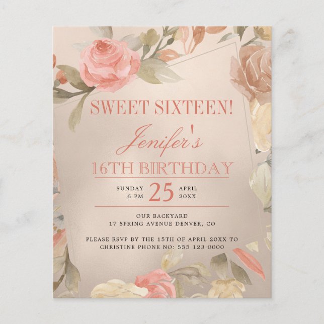 Papier Budget rose or Sweet sixteen photo Invitation (Devant)