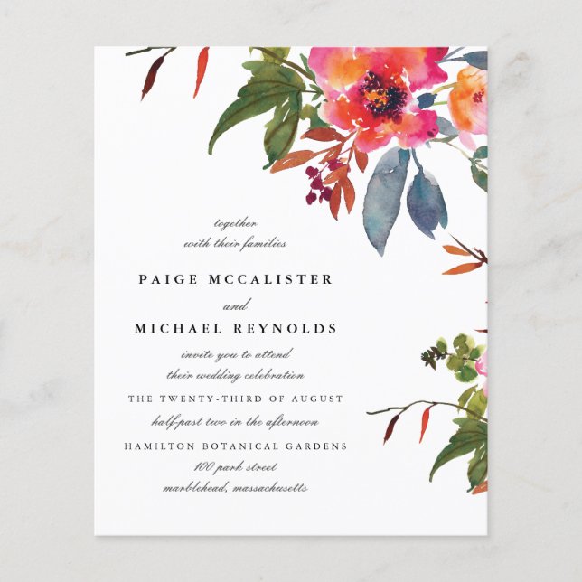 Papier Budget rose orange Faire-part de mariage floral (Devant)