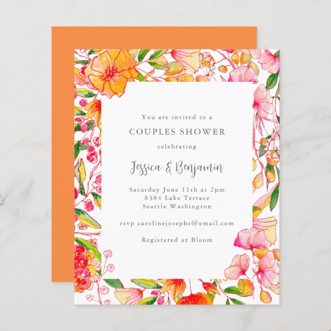 Papier Budget Rose Orange Floral Couples Invitation douch (Devant / Derrière)