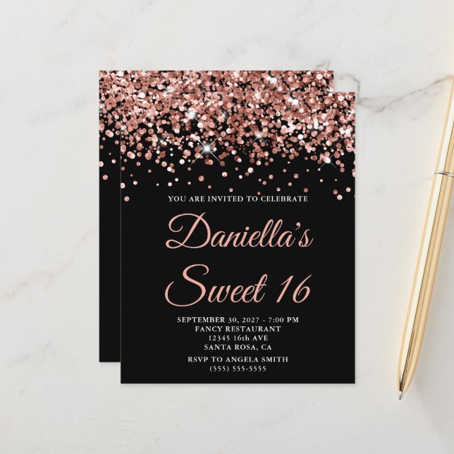Papier Budget Rose Parties scintillant or Black Sweet 16  (Devant/Arrière en situation)