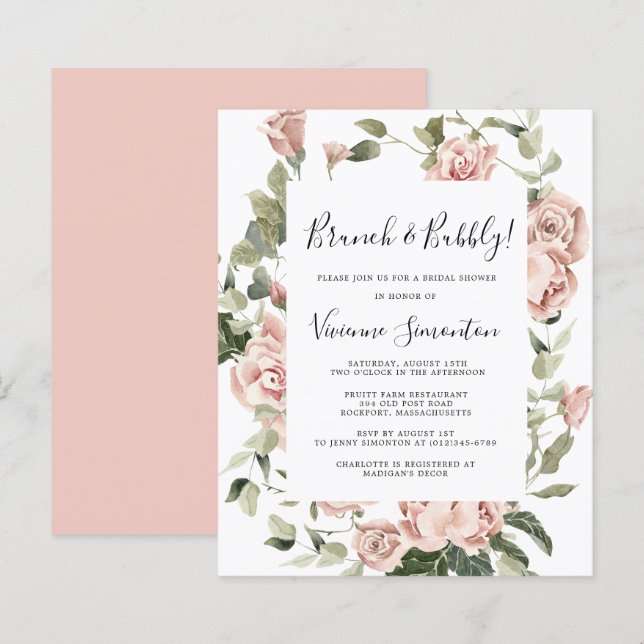 Papier Budget Rose Rose Floral Brunch Bubbly Invitation (Devant / Derrière)