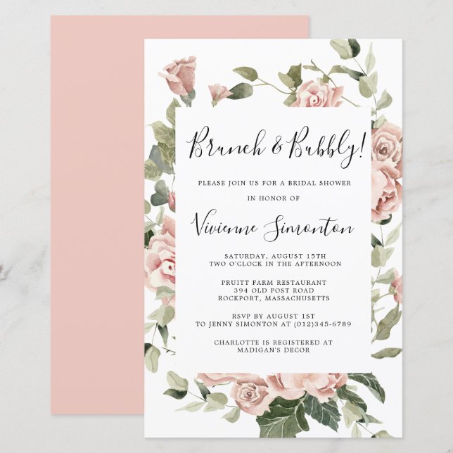 Papier Budget Rose Rose Floral Brunch Bubbly Invitation (Devant / Derrière)