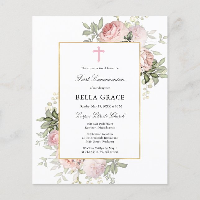 Papier Budget Rose Rose Floral Première Communion Invitat (Devant)