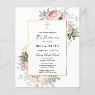 Papier Budget Rose Rose Floral Première Communion Invitat