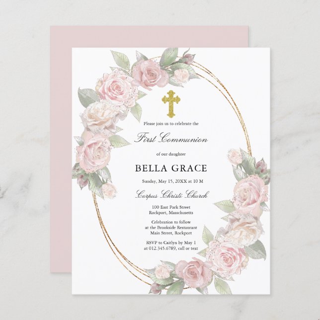 Papier Budget Rose Rose Floral Première Communion Invitat (Devant / Derrière)