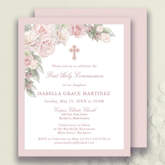 Papier Budget Rose Rose Floral Première Communion Invitat (Créateur téléchargé)
