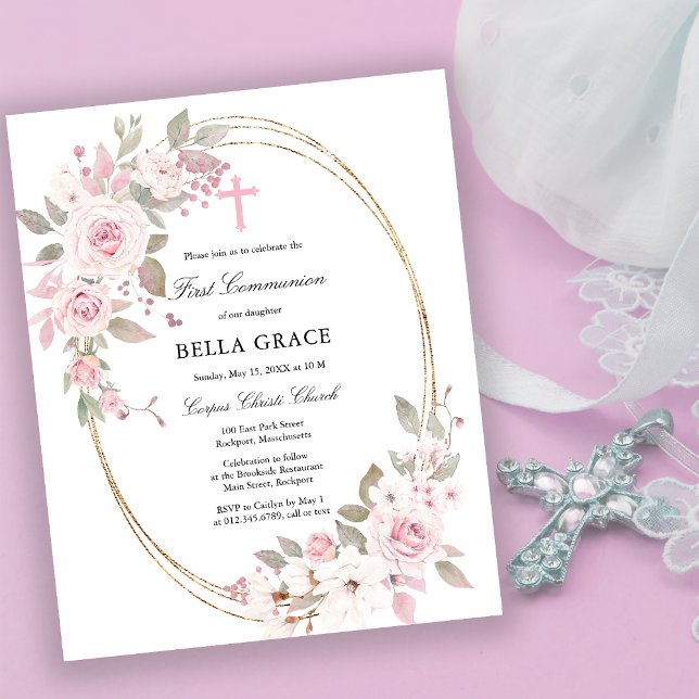Papier Budget Rose Rose Floral Première Communion Invitat (Créateur téléchargé)