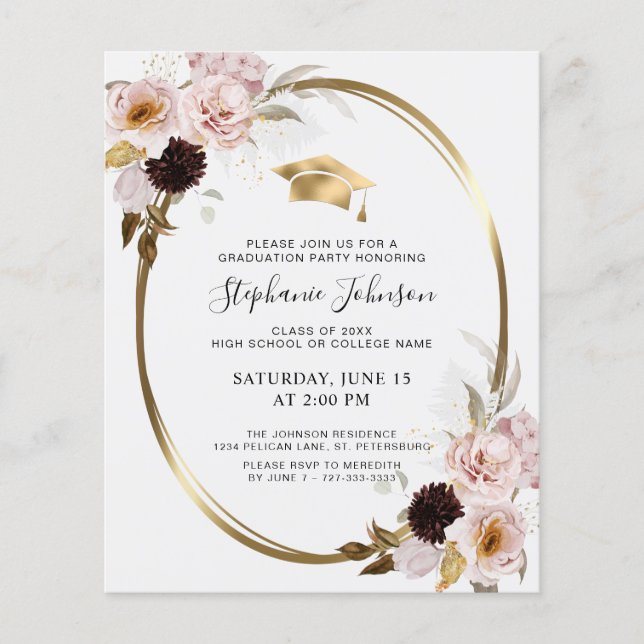 Papier Budget Rose Roses Gold Metallic Grad Party Invitat (Devant)
