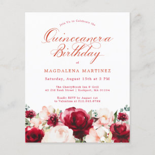 Papier Budget rose rouge Floral Quinceanera Invitation