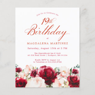 Papier Budget rose rouge florale 19e anniversaire Invitat