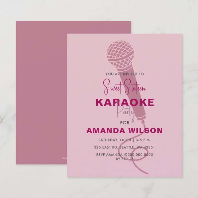 Papier Budget Rose Sweet 16 Karaoke Party Invitation (Devant / Derrière)