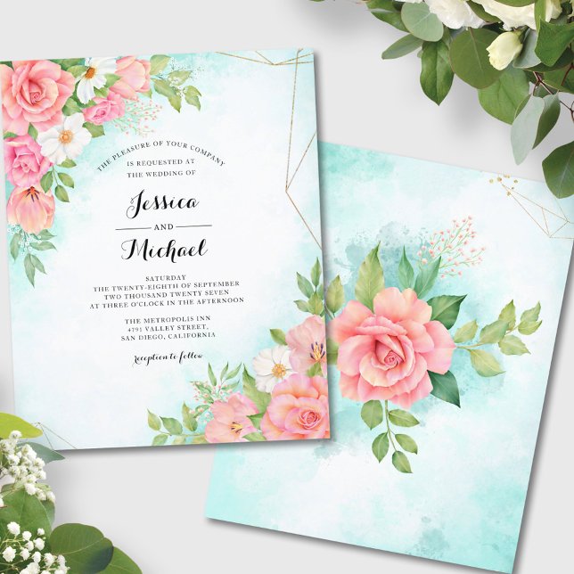 Papier Budget Rose Turquoise Faire-part de mariage Floral (Créateur téléchargé)