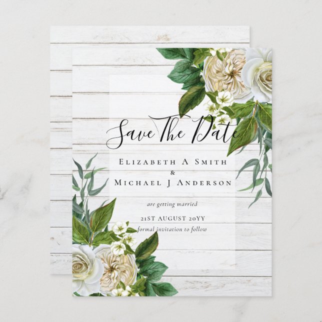 Papier BUDGET ROSES BLANCHES Invitations MARIAGE CHIC (Devant / Derrière)